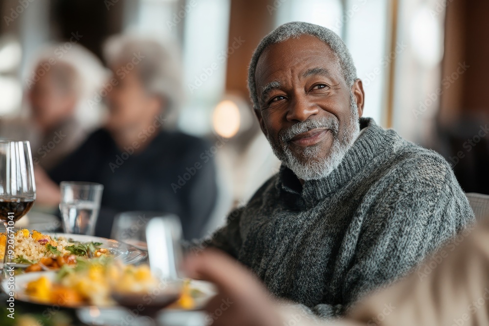 Senior man talks to his friends while eating at dining table at nursing home, Generative AI Senior man talks to his friends while eating at dining table at nursing home, Generative AI