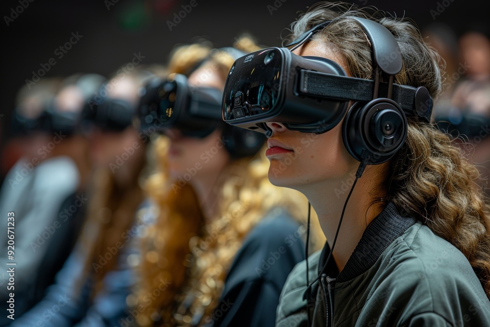 Students in a futuristic classroom using VR headsets and advanced tech devices, exploring interactive digital worlds and cutting-edge educational tools. Generative AI Students in a futuristic classroom using VR headsets and advanced tech devices, exploring interactive digital worlds and cutting-edge educational tools. Generative AI