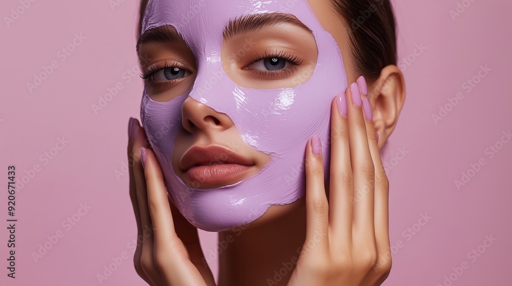 Young woman applying a purple facial mask in a bright setting Young woman applying a purple facial mask in a bright setting