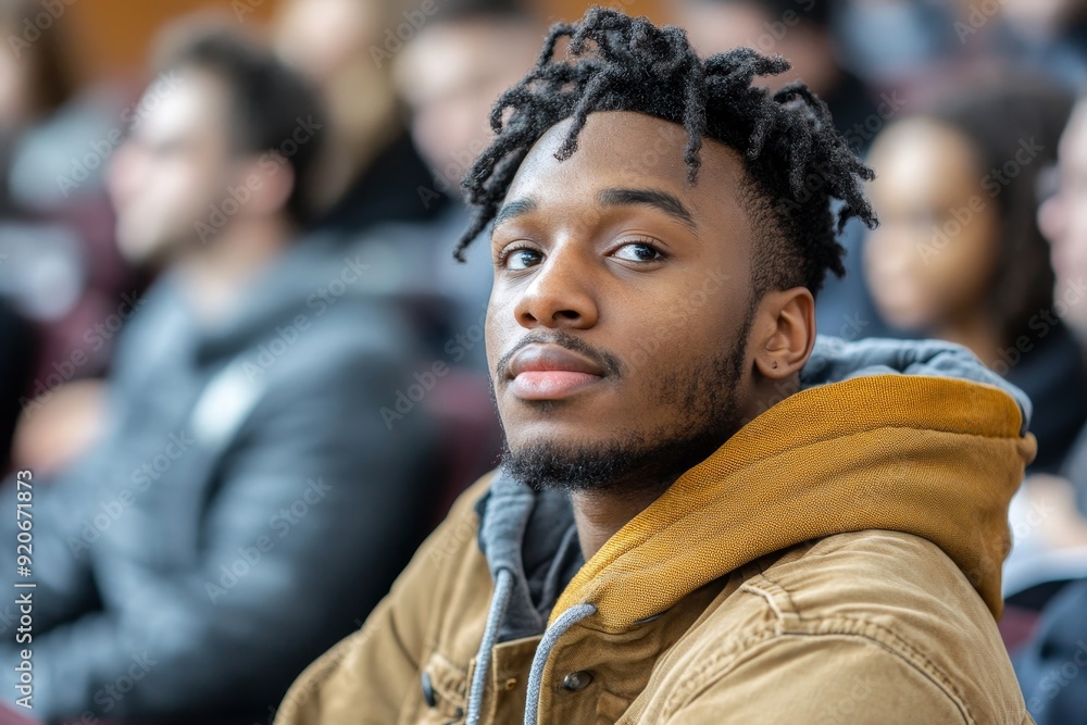 Black male student paying attention during class at university, Generative AI Black male student paying attention during class at university, Generative AI