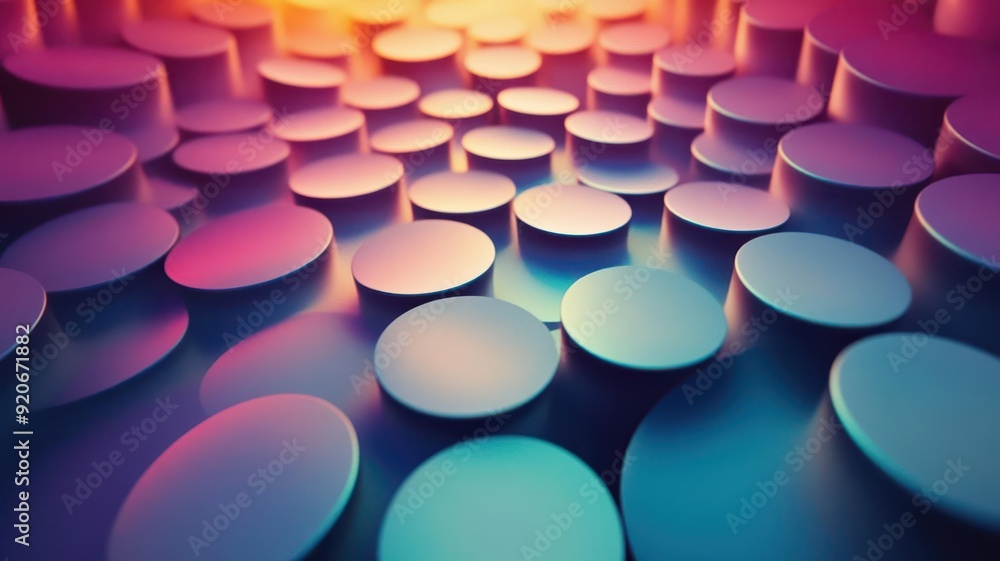 Floating 3D discs in a radial pattern, gradient colors and soft shadows, modern abstract art Floating 3D discs in a radial pattern, gradient colors and soft shadows, modern abstract art