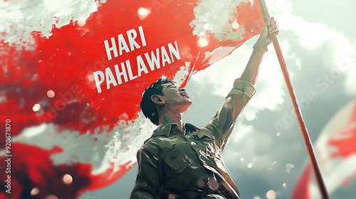 HARI PAHLAWAN young man (Indonesian hero) illustration of raising the flag with enthusiasm on a red and white background photo