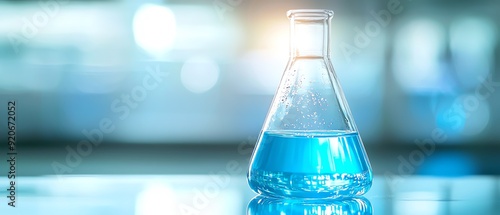 A blue liquid in a laboratory flask, showcasing scientific research and innovation in a bright and modern environment.