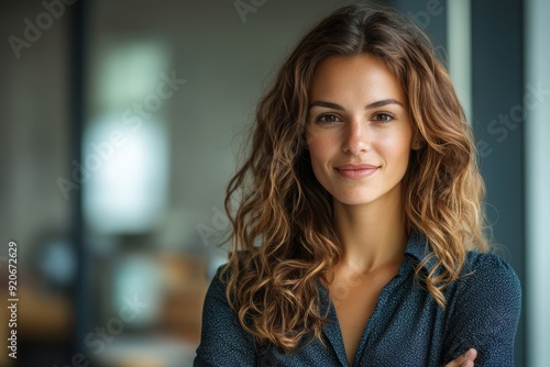 Happy confident businesswoman in office looking at camera, Generative AI