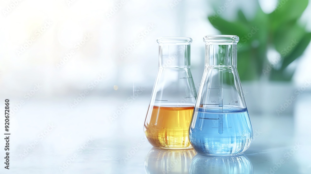 Two laboratory flasks contain vibrant yellow and blue liquids, symbolizing scientific experimentation and discovery. Two laboratory flasks contain vibrant yellow and blue liquids, symbolizing scientific experimentation and discovery.