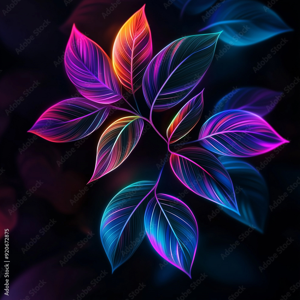 neon vibrant leaves with inner glow neon colorfull on the black background