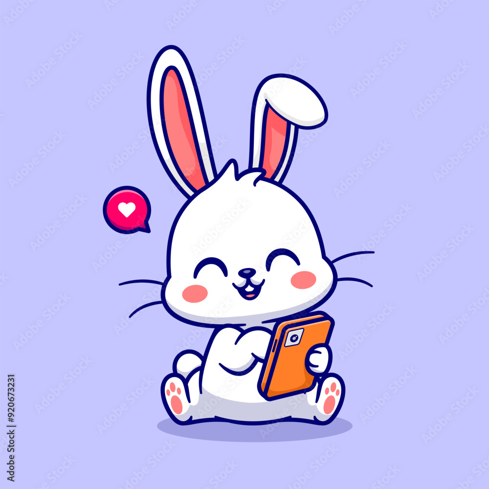 Obraz premium Cute Rabbit Playing Phone Cartoon Vector Icon Illustration. Animal Technology Icon Concept Isolated Premium Vector. Flat Cartoon Style