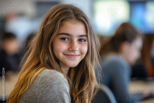 Happy teenage girl during IT class at high school looking at camera, Generative AI