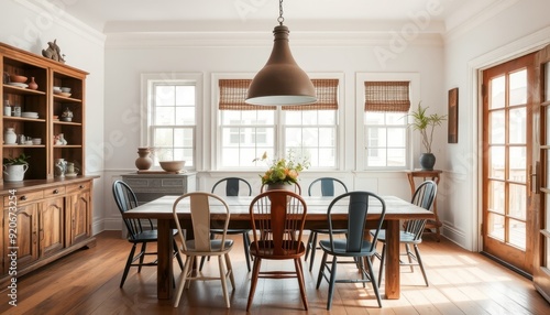 Farmhouse Dining Room with Wooden Table and Chairs.