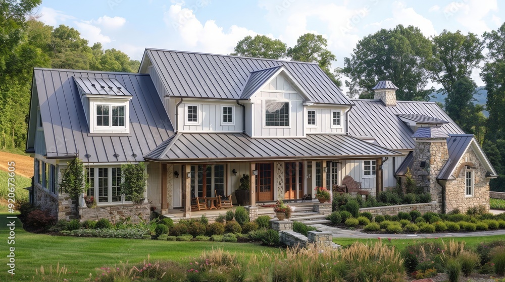 Imagine the rustic charm of a farmhouse exterior nestled in a pastoral setting. Write about barn-inspired doors, metal roof accents, and how rural influences Imagine the rustic charm of a farmhouse exterior nestled in a pastoral setting. Write about barn-inspired doors, metal roof accents, and how rural influences