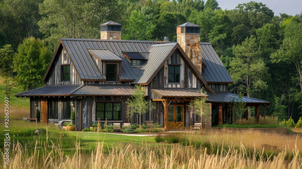 Imagine the rustic charm of a farmhouse exterior nestled in a pastoral setting. Write about barn-inspired doors, metal roof accents, and how rural influences Imagine the rustic charm of a farmhouse exterior nestled in a pastoral setting. Write about barn-inspired doors, metal roof accents, and how rural influences