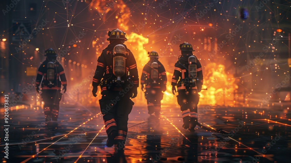 In a cinematic image, five firefighters walk towards a small fire made of digital particles and grids. Their confident demeanor In a cinematic image, five firefighters walk towards a small fire made of digital particles and grids. Their confident demeanor