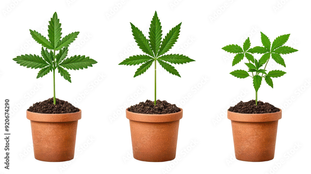 Fototapeta premium Three young cannabis plants growing in pots, symbolizing growth, cultivation, and natural healing, set against a black background.