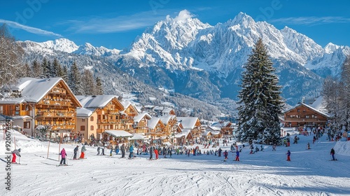 Skiers enjoy a vibrant winter day at a charming mountain resort surrounded by snow-covered peaks and cozy chalets photo