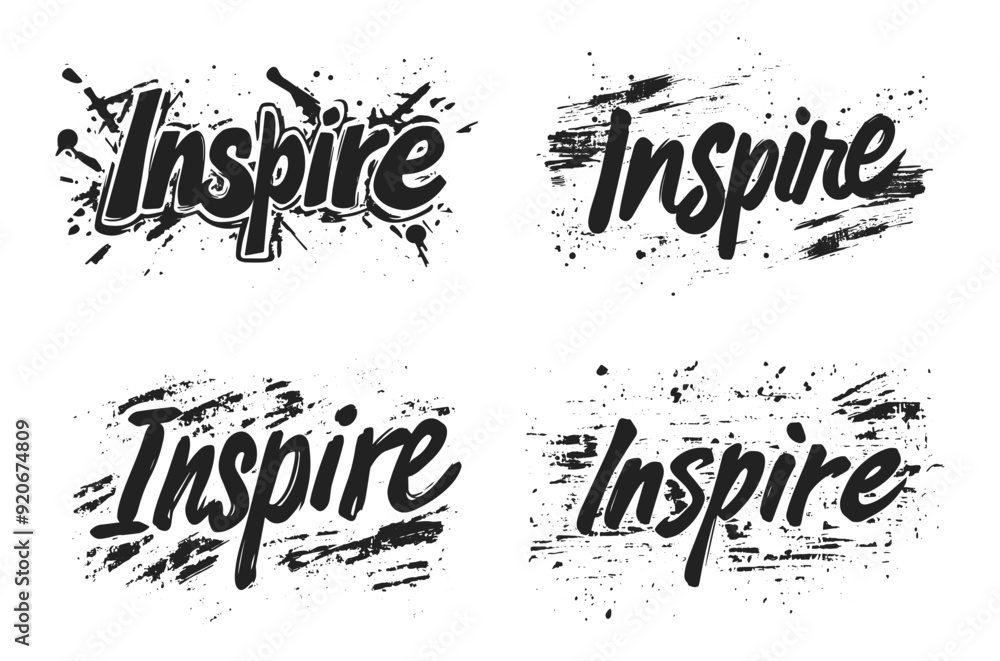 Fototapeta premium Handwritten Inspire lettering text designs with paint splashes vector illustration. Stylish black and white typography with brush strokes and ink splatters.