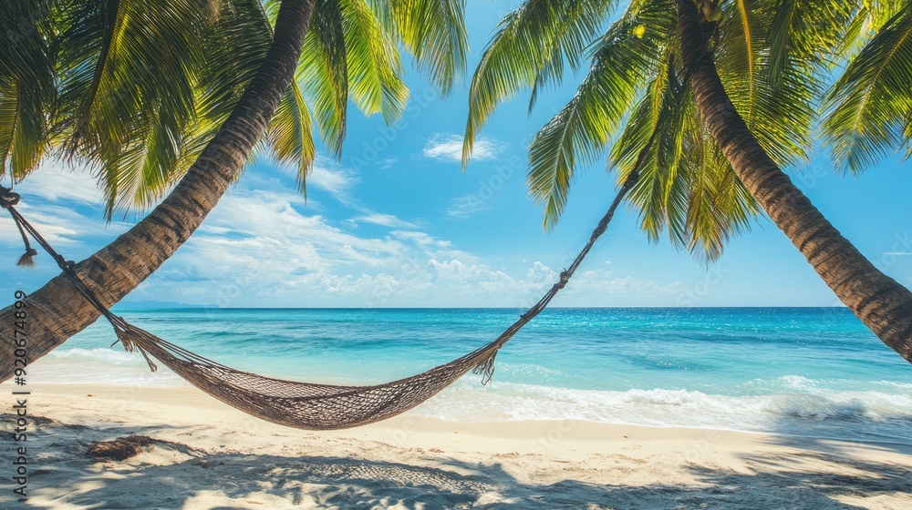 Fototapeta premium Hammock between two palm trees on a quiet tropical beach, with clear blue ocean waves lapping the shore.