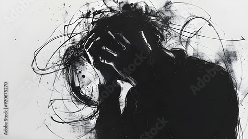 overthink overthinking overthinker person with scrabble ink draw holding his head, mental health illustration