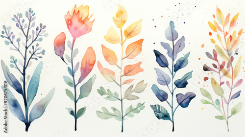 Watercolor painting of plant leaves. Calming and aesthetically. Botanical abstract background.