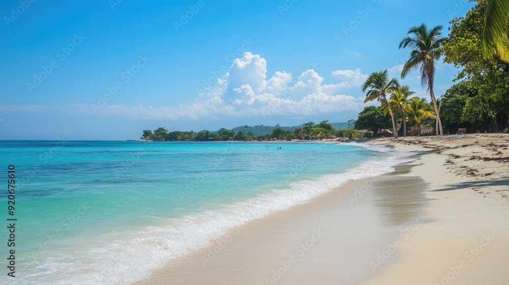 Fototapeta premium Idyllic Jamaican beach with turquoise waters, palm trees, and soft white sand. Tropical serenity.