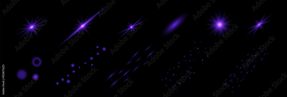 Fototapeta premium Magic light effect stars, cosmic dust, sparkles. Purple Sequins, Glare, Radiance, Light, Glitter. Set Violet Glowing bright shining effect vector isolated.