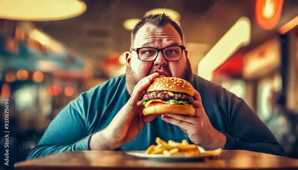 Mature fat man is eating a hamburger and fries in a fast food restaurant. Close up. Unhealthy lifestyle. Mature fat man is eating a hamburger and fries in a fast food restaurant. Close up. Unhealthy lifestyle.