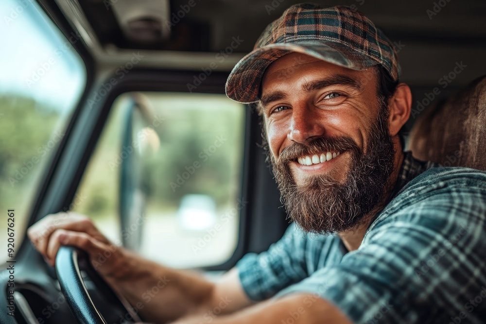 Happy truck driver looking through side window while driving his truck, Generative AI Happy truck driver looking through side window while driving his truck, Generative AI