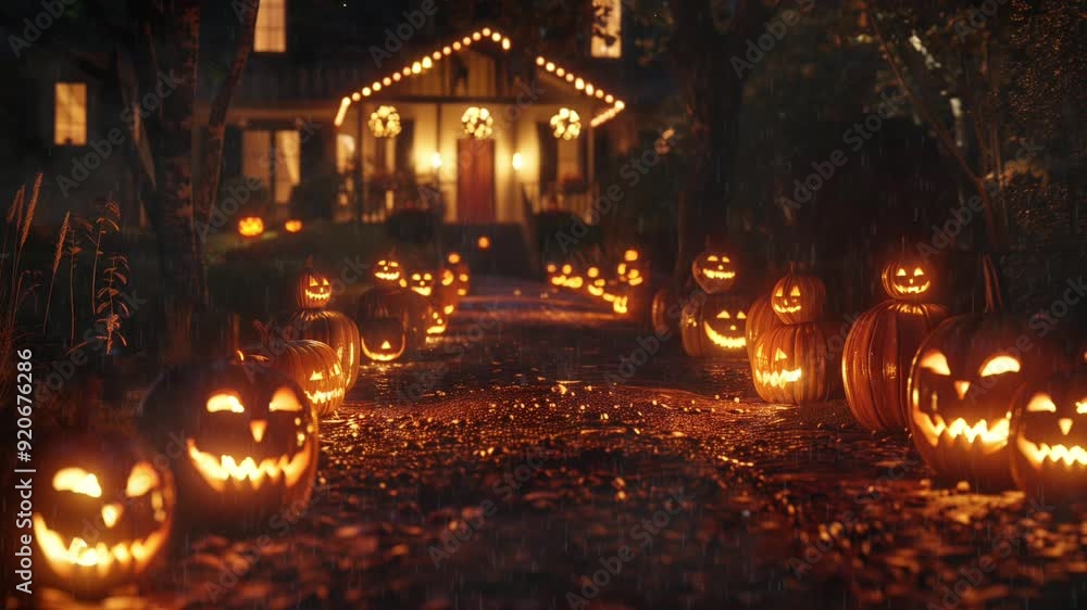A charming neighborhood pathway is lined with jack-o'-lanterns, glowing brightly as Halloween festivities create a spooky atmosphere A charming neighborhood pathway is lined with jack-o'-lanterns, glowing brightly as Halloween festivities create a spooky atmosphere