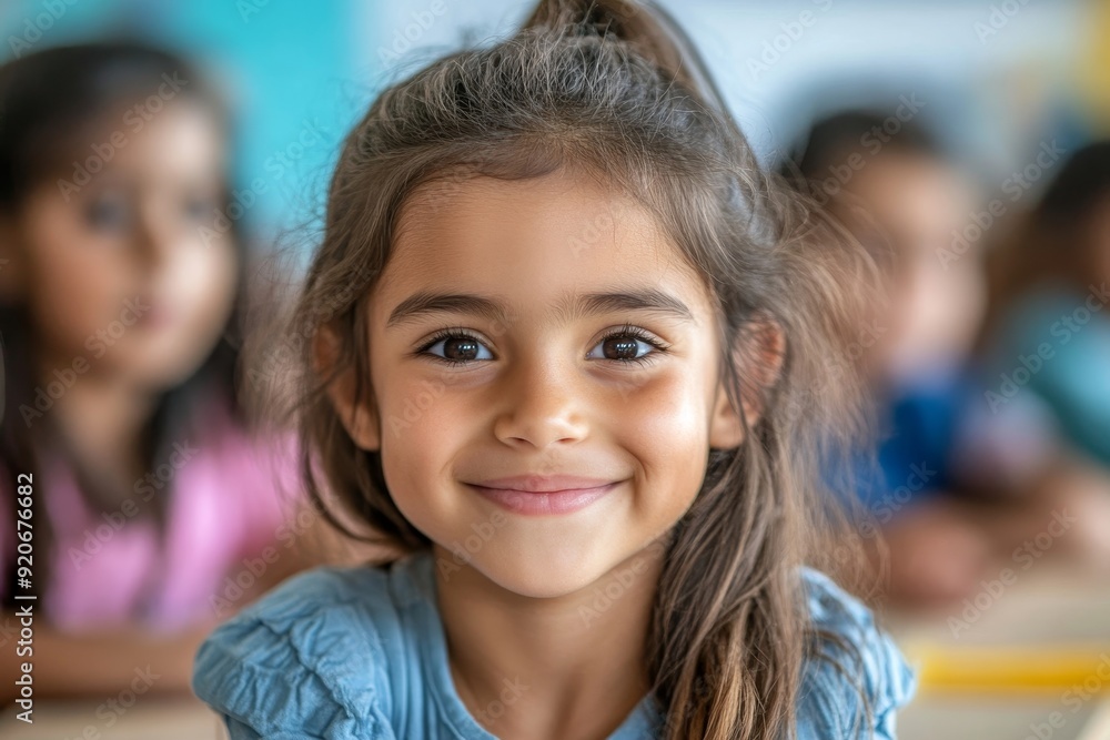 Fototapeta premium Happy Hispanic girl learning during class at elementary school and looking at camera, Generative AI
