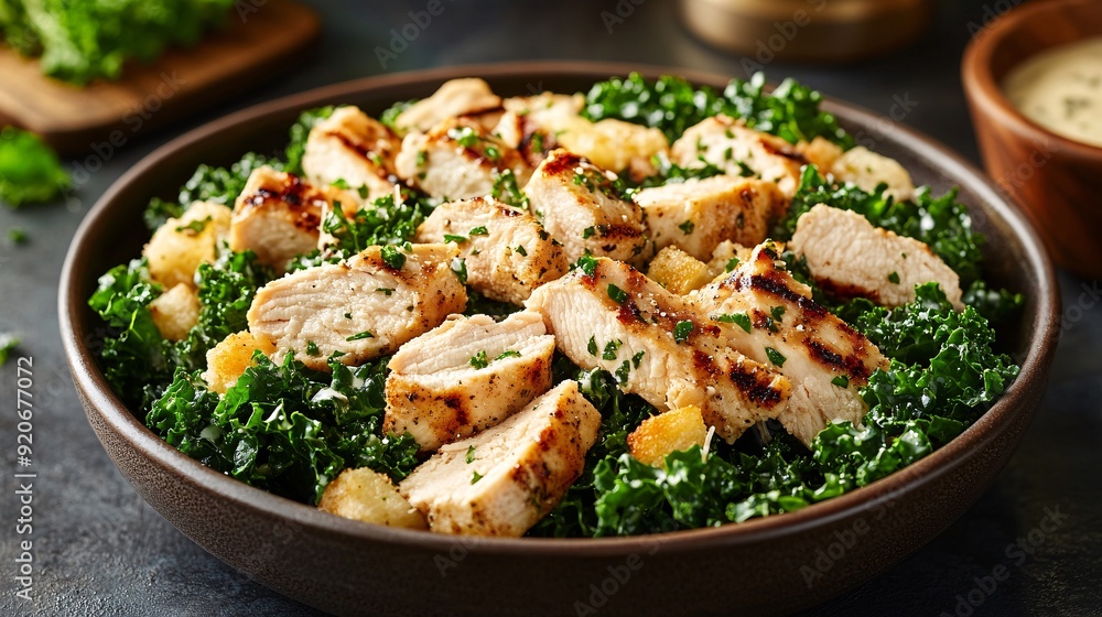 A fresh and crisp Caesar salad made with kale, grilled chicken, and a light Caesar dressing. A fresh and crisp Caesar salad made with kale, grilled chicken, and a light Caesar dressing.