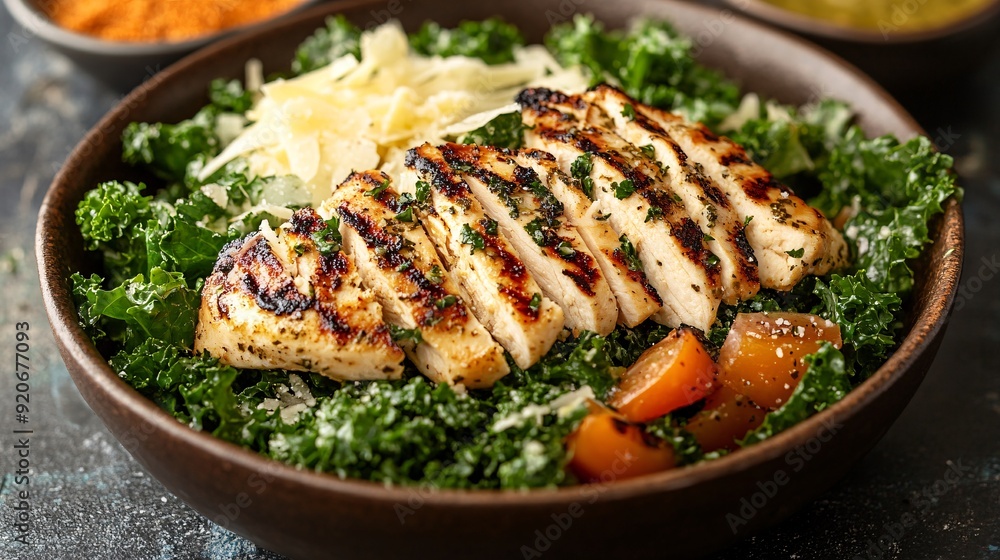 A fresh and crisp Caesar salad made with kale, grilled chicken, and a light Caesar dressing. A fresh and crisp Caesar salad made with kale, grilled chicken, and a light Caesar dressing.