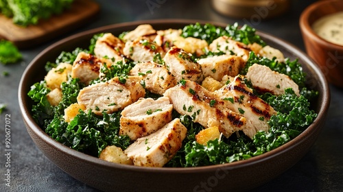 A fresh and crisp Caesar salad made with kale, grilled chicken, and a light Caesar dressing.