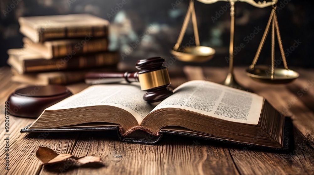A law book lies open on a wooden desk, with a gavel and scales of justice in the background. A law book lies open on a wooden desk, with a gavel and scales of justice in the background.