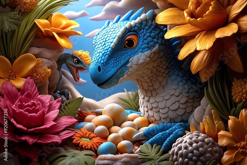 Colorful sculpted dinosaurs with eggs in a vibrant flower garden, depicting a fantasy scene full of life and creativity.