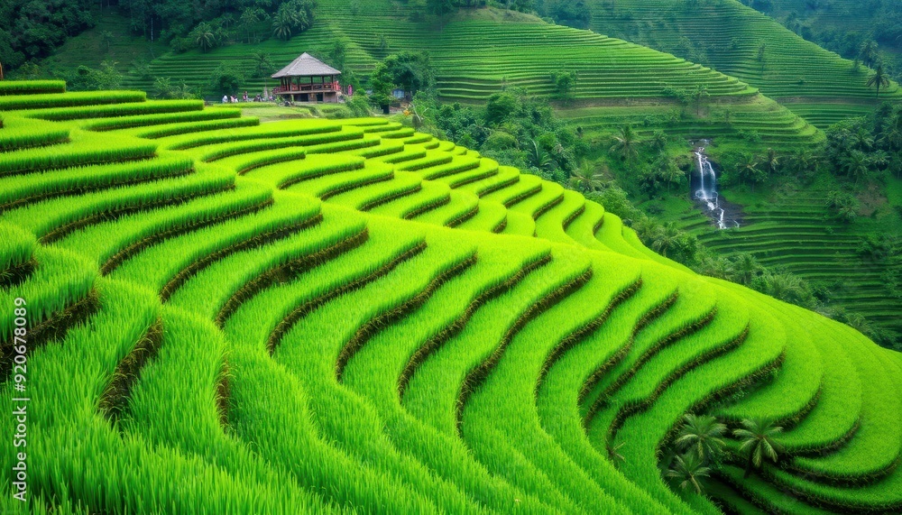 Lush Green Rice Terraces with a Small Hut. Lush Green Rice Terraces with a Small Hut.