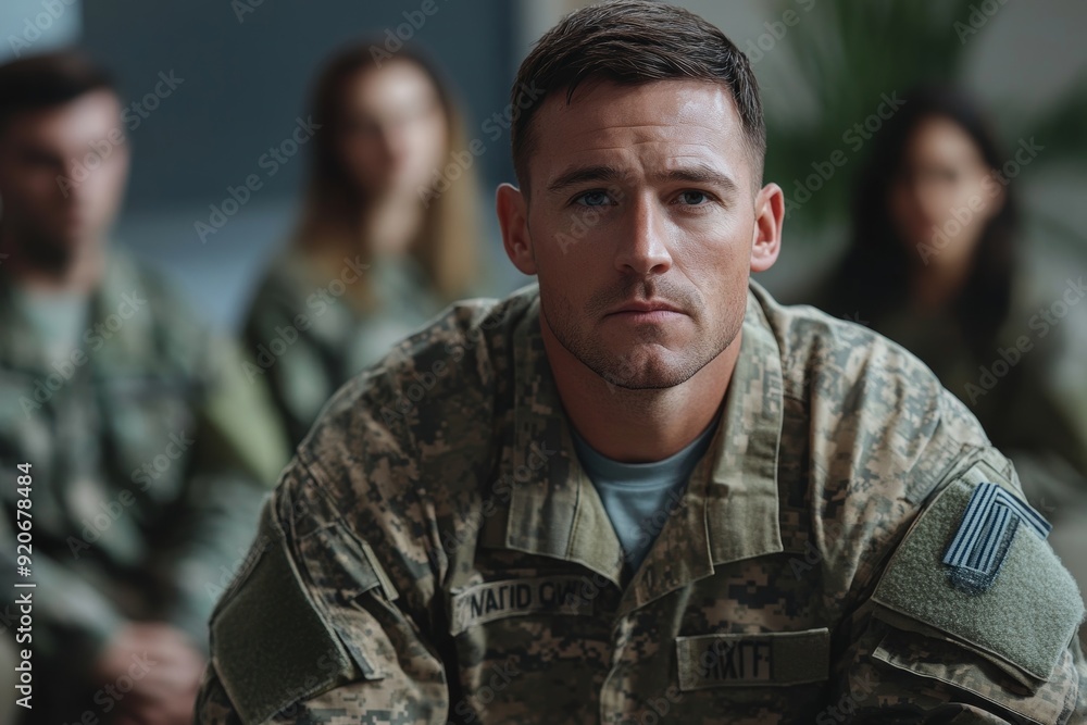 Depressed military man talks during group therapy meeting at mental health center, Generative AI Depressed military man talks during group therapy meeting at mental health center, Generative AI