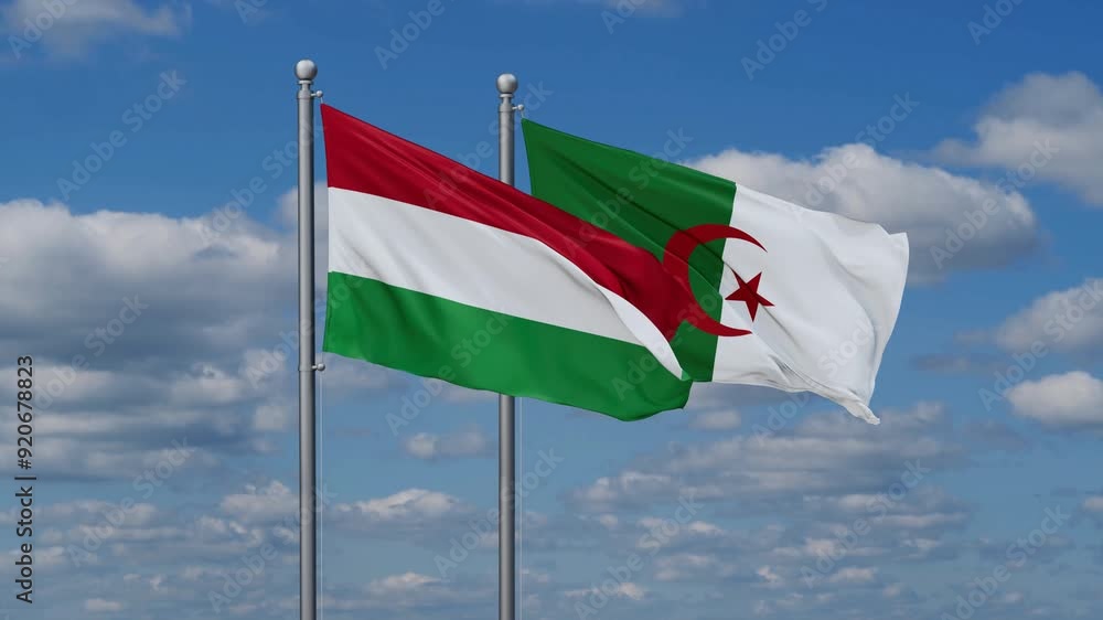 Algeria and Hungary flags flying together, video concept of the relationship, two country relations concept Algeria and Hungary flags flying together, video concept of the relationship, two country relations concept