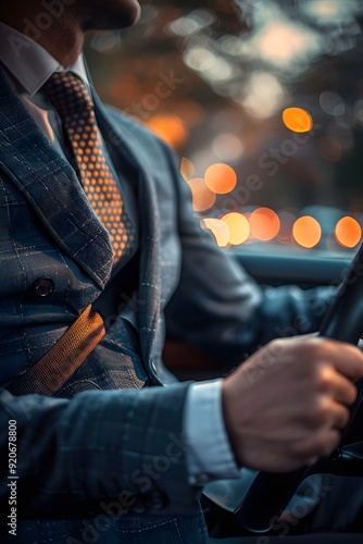 American Businessman Sitting in a Car, Wearing a Seatbelt, Depicting a Successful Executive in a Taxi or Business Vehicle