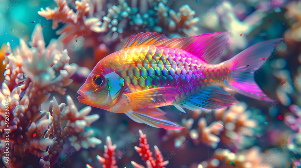 A colorful fish with a black eye is swimming in a tank. A colorful fish with a black eye is swimming in a tank.