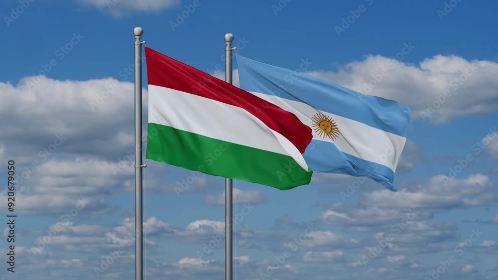Argentina and Hungary flags flying together, video concept of the relationship, two country relations concept Argentina and Hungary flags flying together, video concept of the relationship, two country relations concept