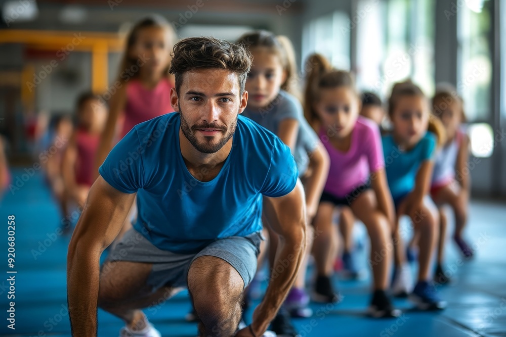 Sports teacher and group of kids exercising during physical activity class at school gym, Generative AI Sports teacher and group of kids exercising during physical activity class at school gym, Generative AI