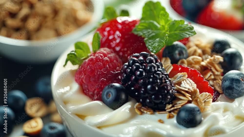 A nutritious breakfast with fresh fruits, yogurt, and granola, showcasing healthy eating habits. A nutritious breakfast with fresh fruits, yogurt, and granola, showcasing healthy eating habits.