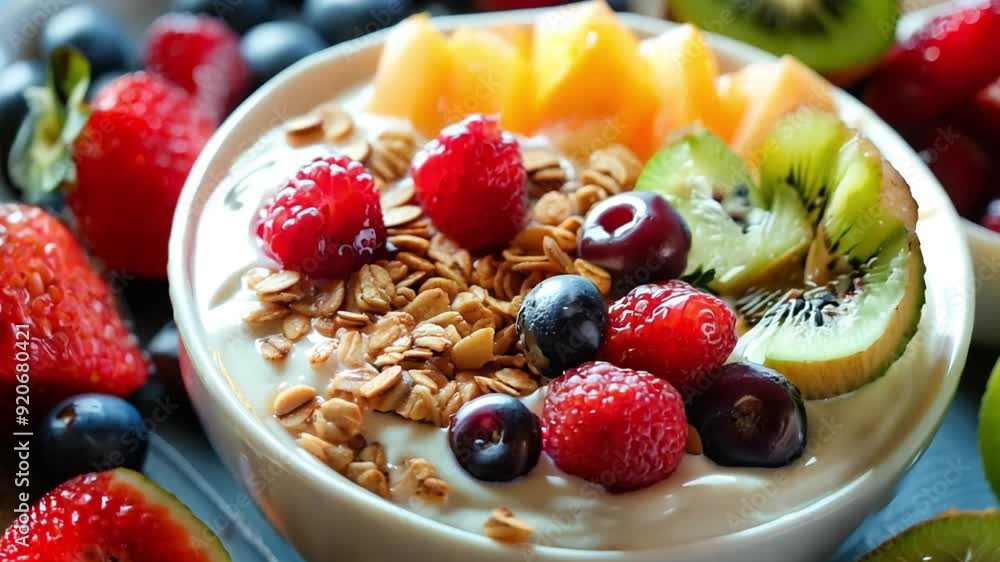 A nutritious breakfast with fresh fruits, yogurt, and granola, showcasing healthy eating habits. A nutritious breakfast with fresh fruits, yogurt, and granola, showcasing healthy eating habits.