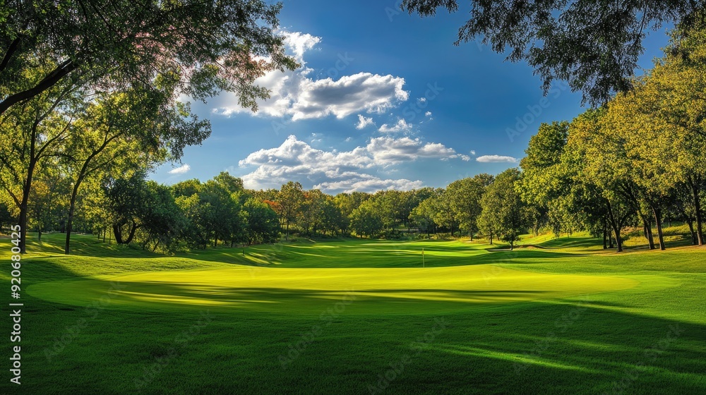 Panoramic landscape of a golf course, featuring lush greens and a bright sunny day. Panoramic landscape of a golf course, featuring lush greens and a bright sunny day.