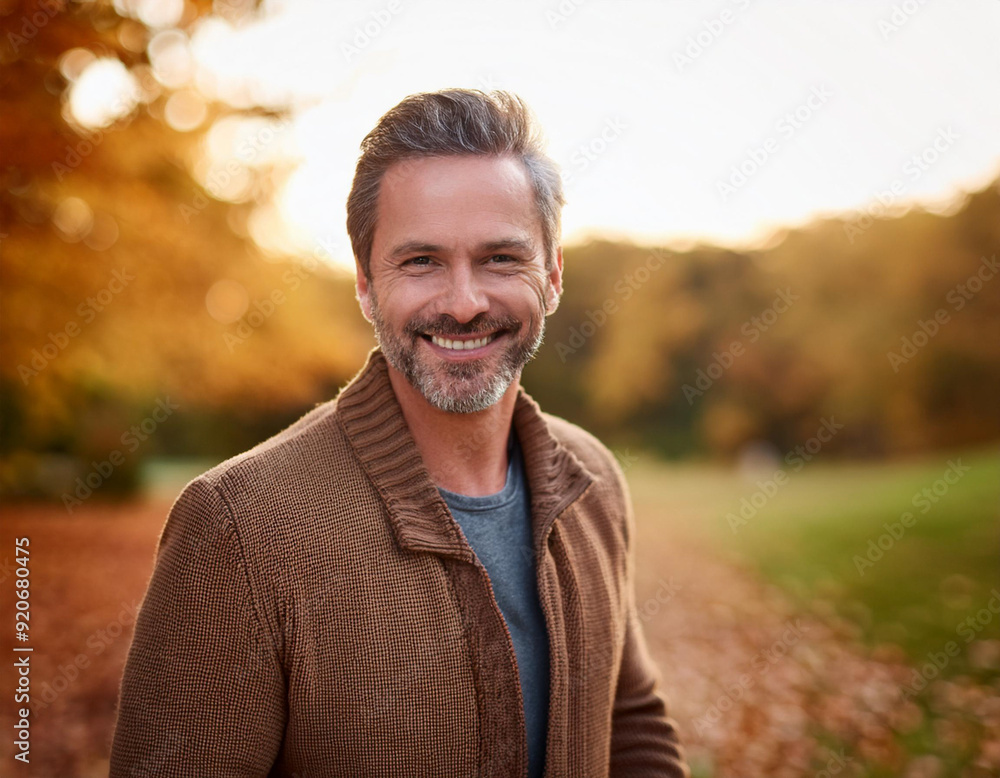 Happy Man Smiling in an Outdoor Autumn Setting Headshot Portrait Happy Man Smiling in an Outdoor Autumn Setting Headshot Portrait