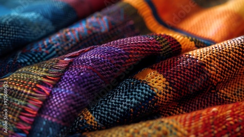 An up-close view of a woven fabric with a vibrant array of colors and diverse textures, highlighting the detailed patterns and the complexity of the weave. photo