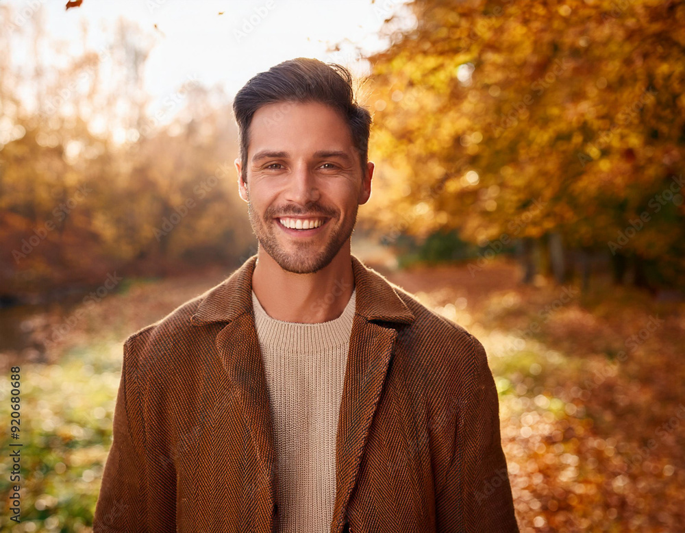 Happy Man Smiling in an Outdoor Autumn Setting Headshot Portrait Happy Man Smiling in an Outdoor Autumn Setting Headshot Portrait