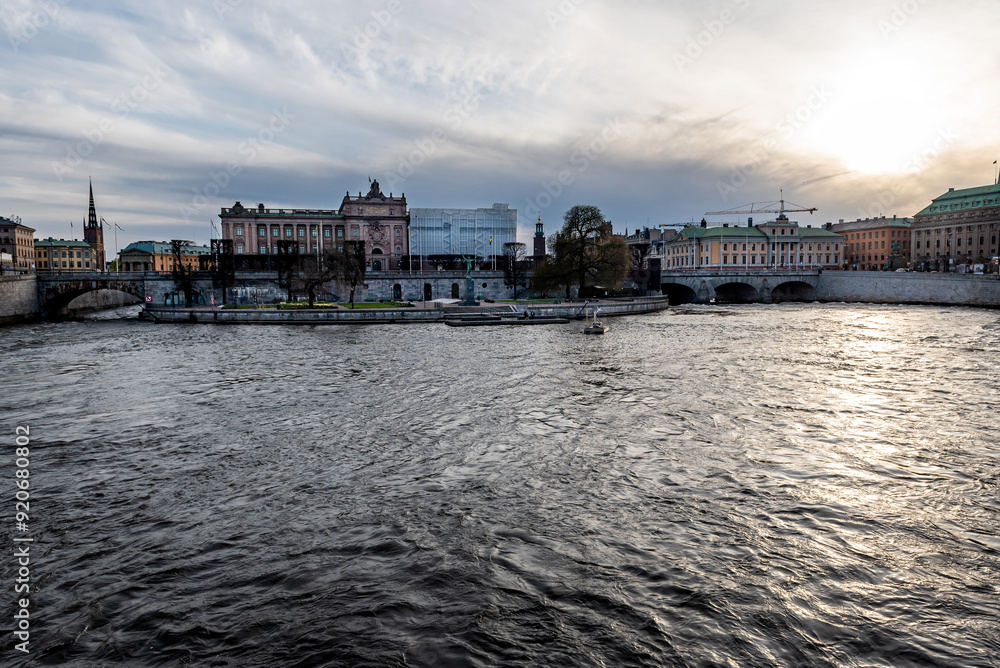 Naklejka premium Stockholm city center with Royal Palace and Museum of Medieval Stockholm at twilight, Sweden.
