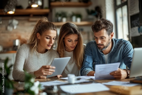 Young couple communicating with insurance agent while analyzing documents during meeting, Generative AI