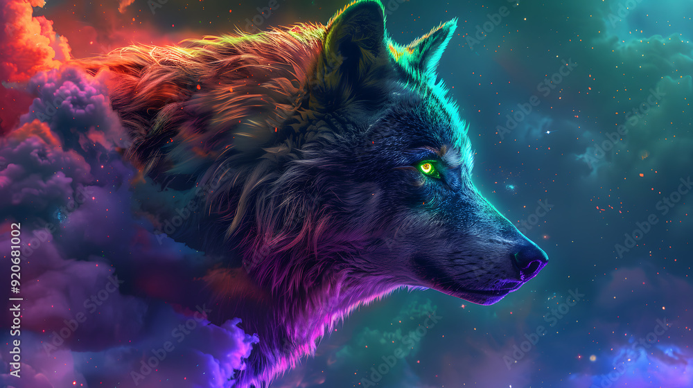 A colorful wolf is walking on a rocky ledge with a bright blue sky in the background. A colorful wolf is walking on a rocky ledge with a bright blue sky in the background.