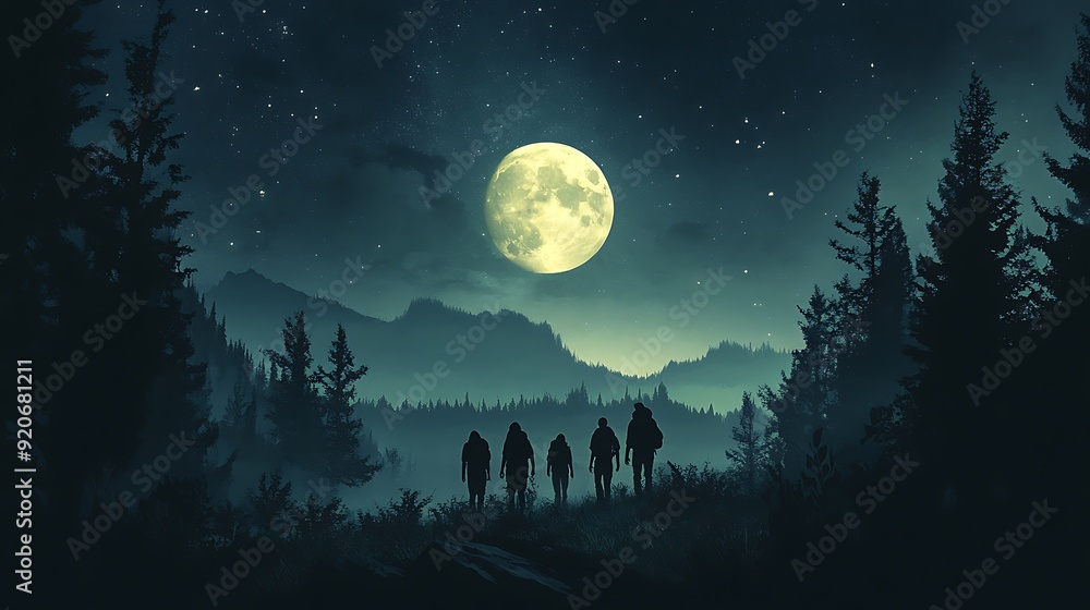 Silhouettes of Hikers Under a Full Moon Silhouettes of Hikers Under a Full Moon